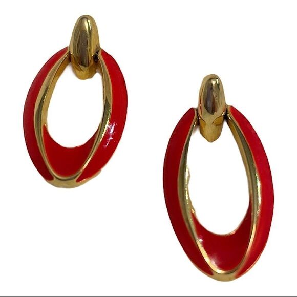 Y2K Vintage Red Enamel Oval Hoop Dangle Earrings - Picture 1 of 9